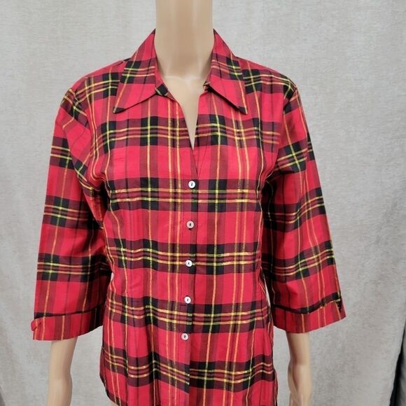 ROBBIE Bee Women's Vintage Silk Tartan Button Down Blouse Red Plaid Christmas - Picture 3 of 11